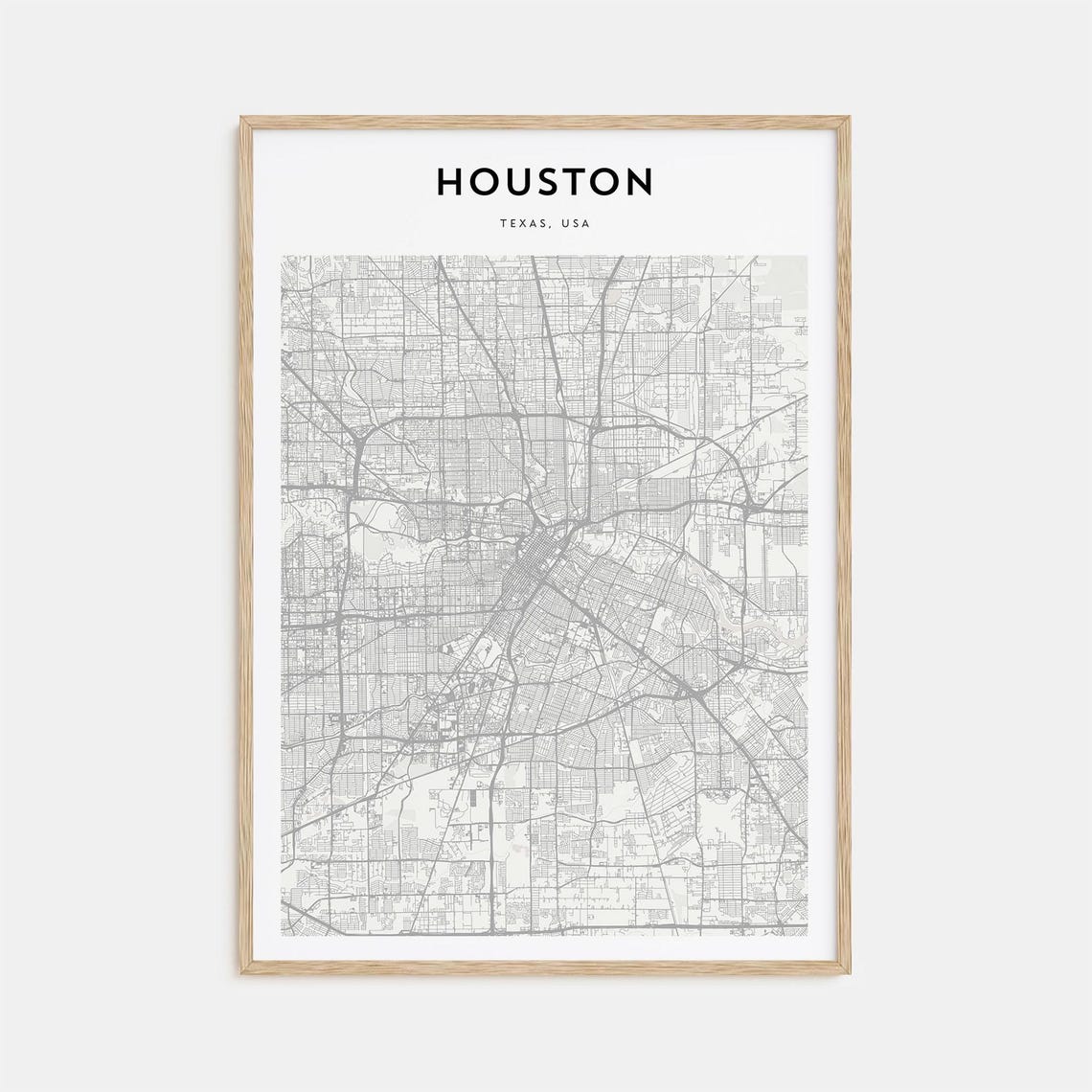 Minimalist Houston Texas City Street Map Poster in Neutral Gray Tones