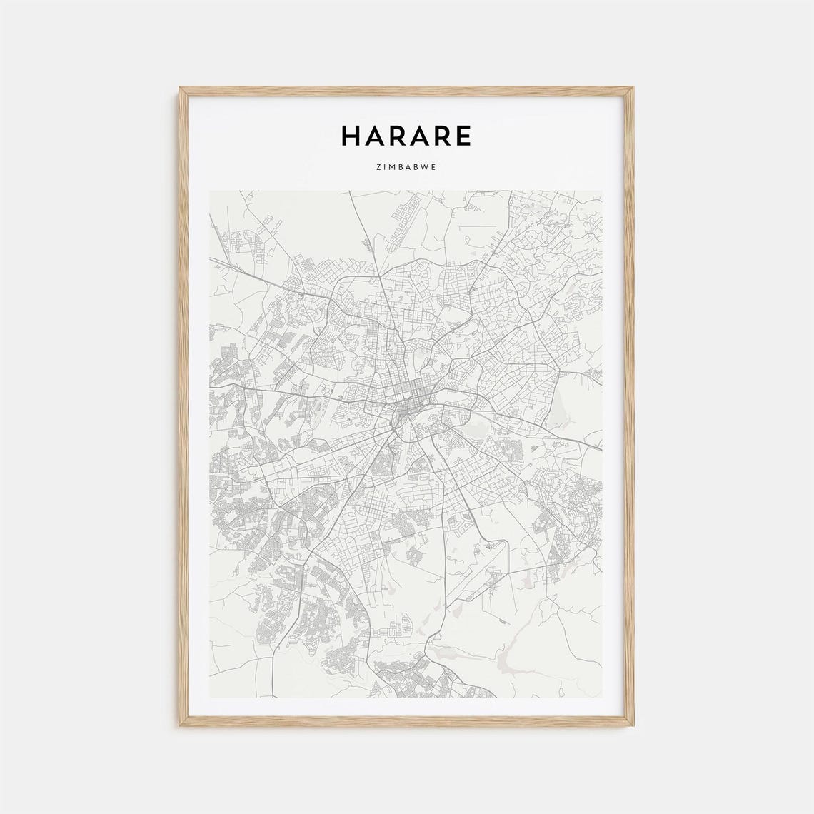 Modern Capital Harare Zimbabwe City Street Map Wall Decor Poster
