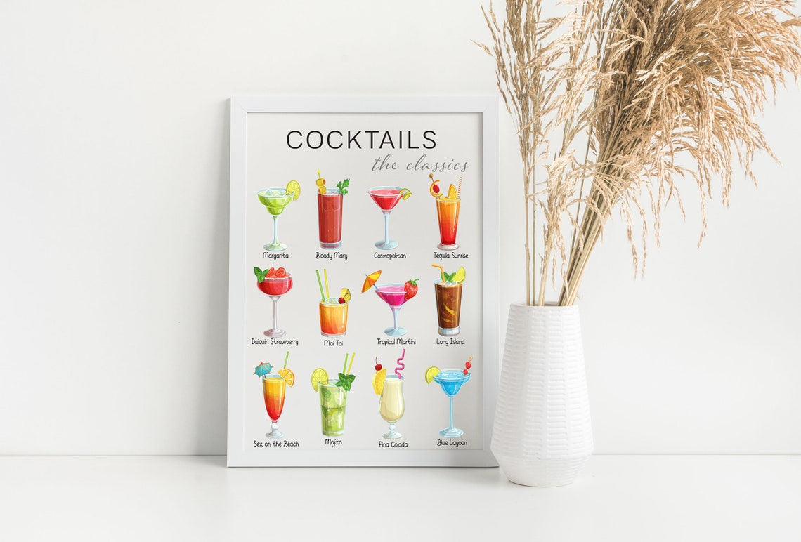 Cocktails The Classics Watercolor Chart of Twelve Drinks Bar Poster