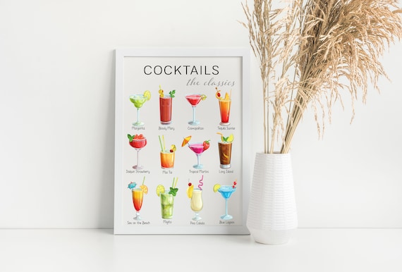 Cocktails The Classics Watercolor Chart of Twelve Drinks Bar Poster