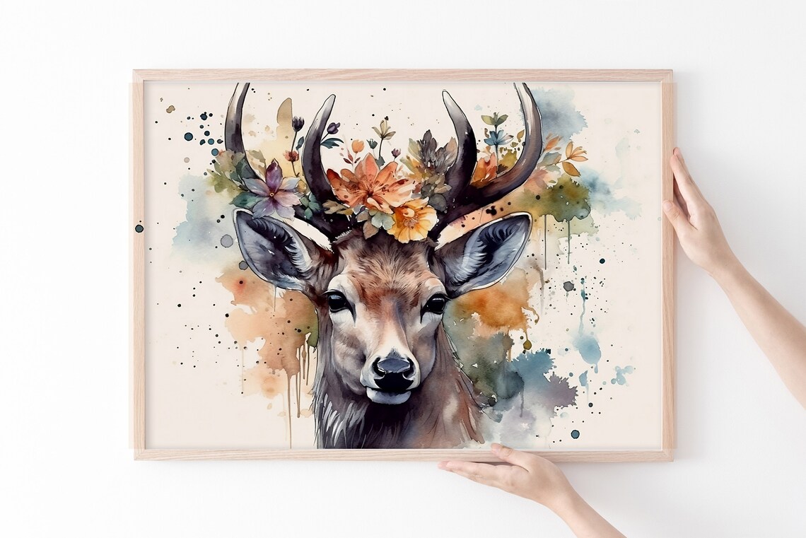 Watercolour Botanical Stag Art Print, Autumn Nature