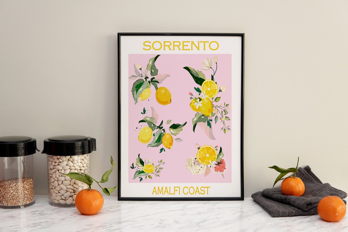 Sorrento Italy Amalfi Coast Lemon Botanical Pink Kitchen Poster