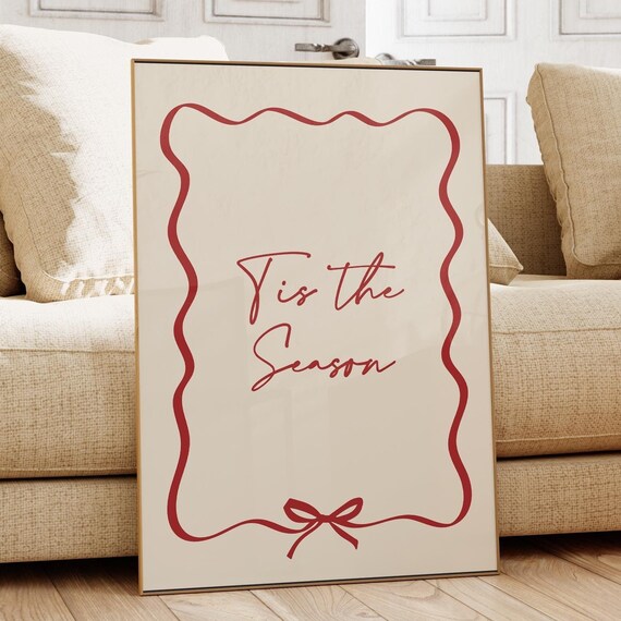 Tis the Season Red Script Christmas Wavy Bow Border Holiday Poster