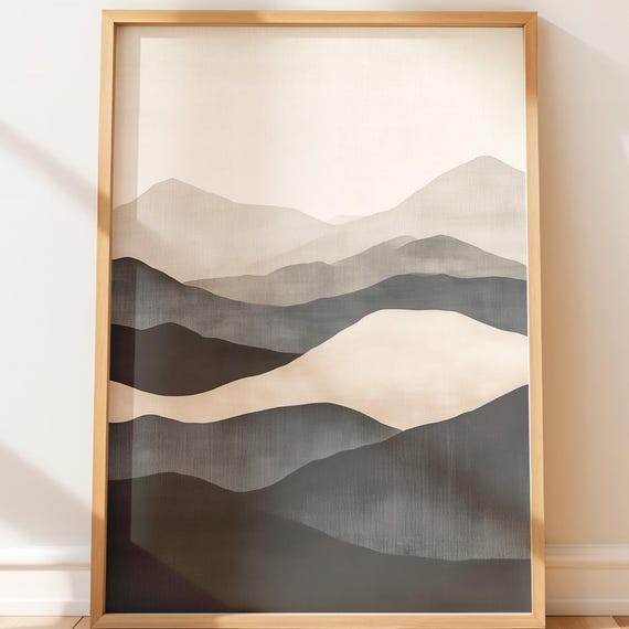Layered Abstract Mountain Landscape Print Serene Neutral Wall Art Japandi Style Decor