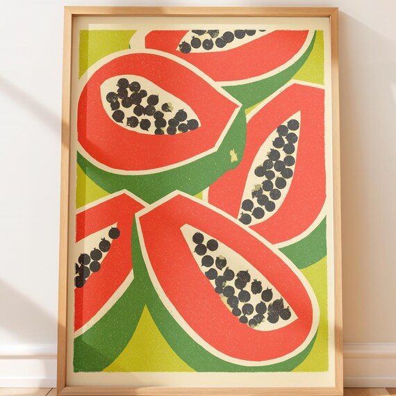 Papaya Fruit Tropical Retro Mid Century Modern Kitchen Art Poster