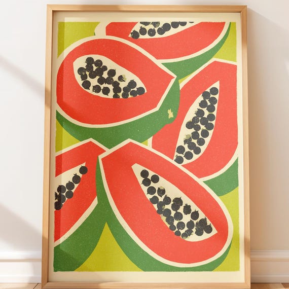 Tropical Papaya Slices Wall Art Bold Retro Kitchen Decor Colorful Summer Fruit Handdrawn