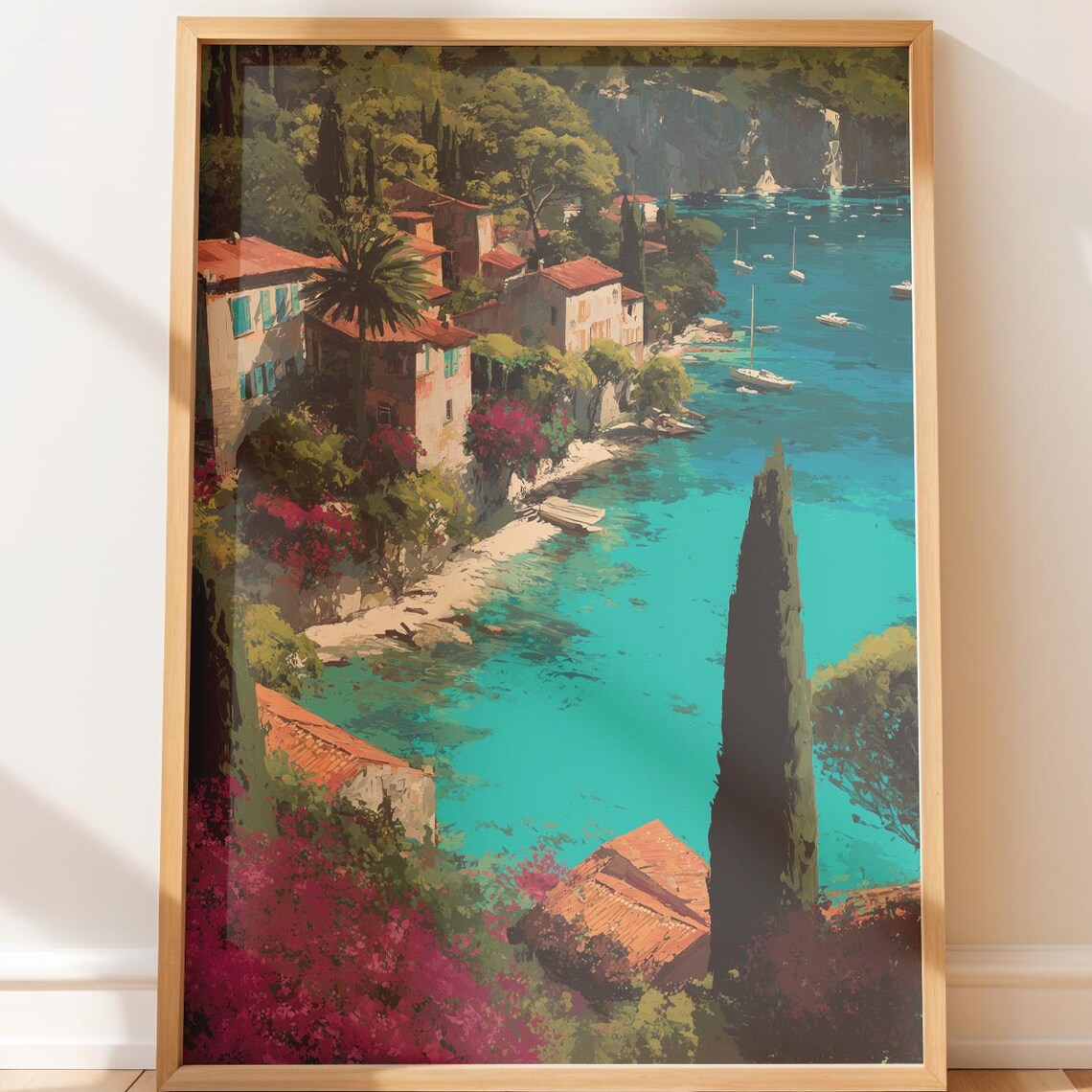 French Riviera Coastal Scene Print Turquoise Bay Village Houses Boats