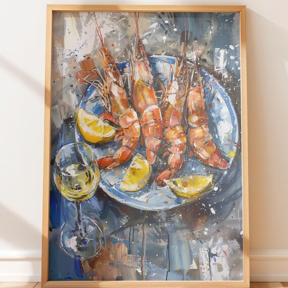 Grilled Shrimp with Lemon Watercolor Seafood Painting Art Poster