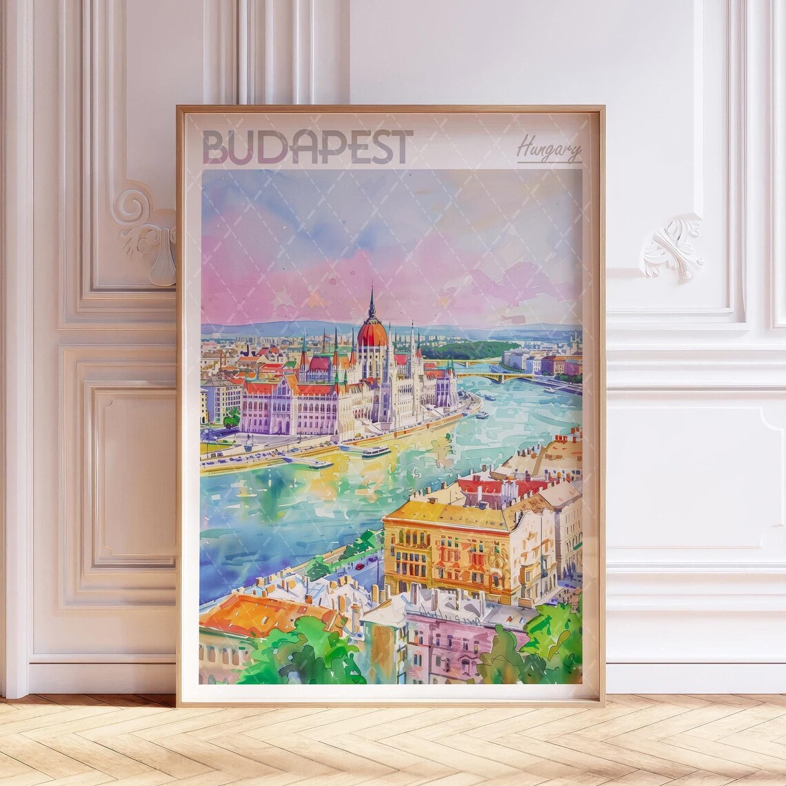 Budapest City Watercolor Travel Poster, Hungary