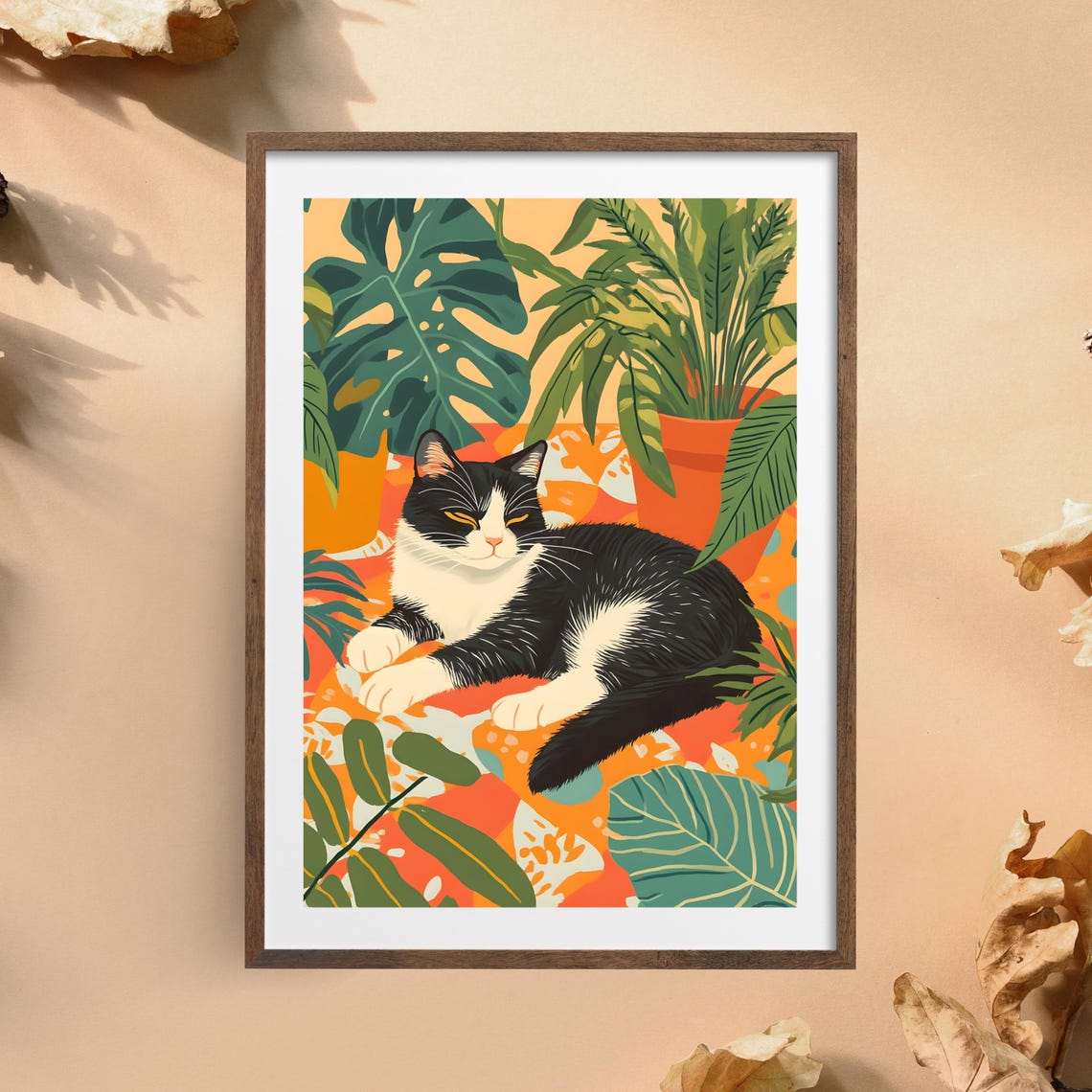 Relaxed Black and White Cat Lounging Among Monstera Leaves Poster - Image 4