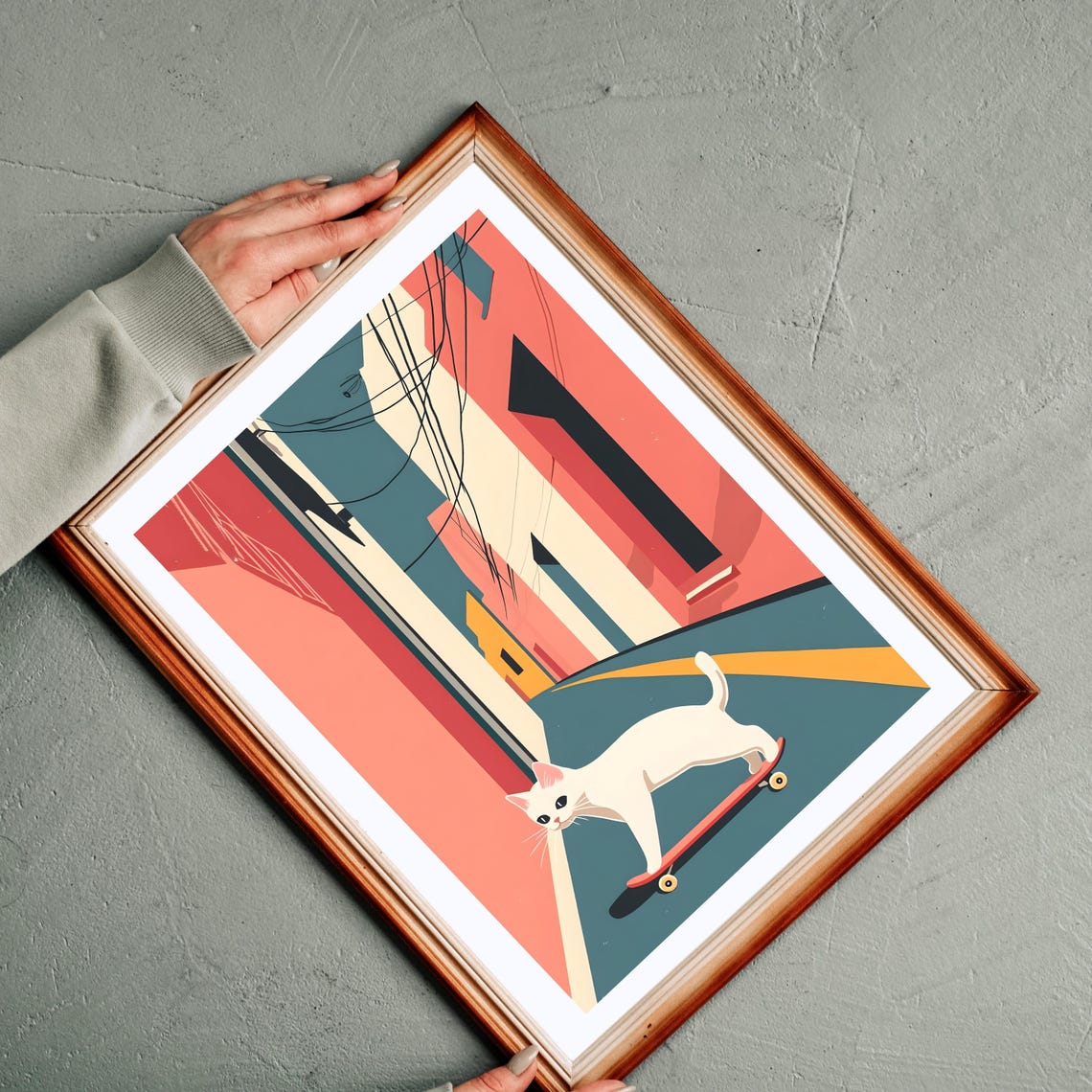 White Cat Skateboarding Down Colorful City Street Art Poster - Image 7