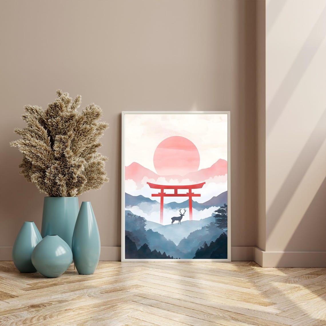 Japanese Sunrise Deer With Red Torii Gate Over Misty Mountains Poster - Image 8