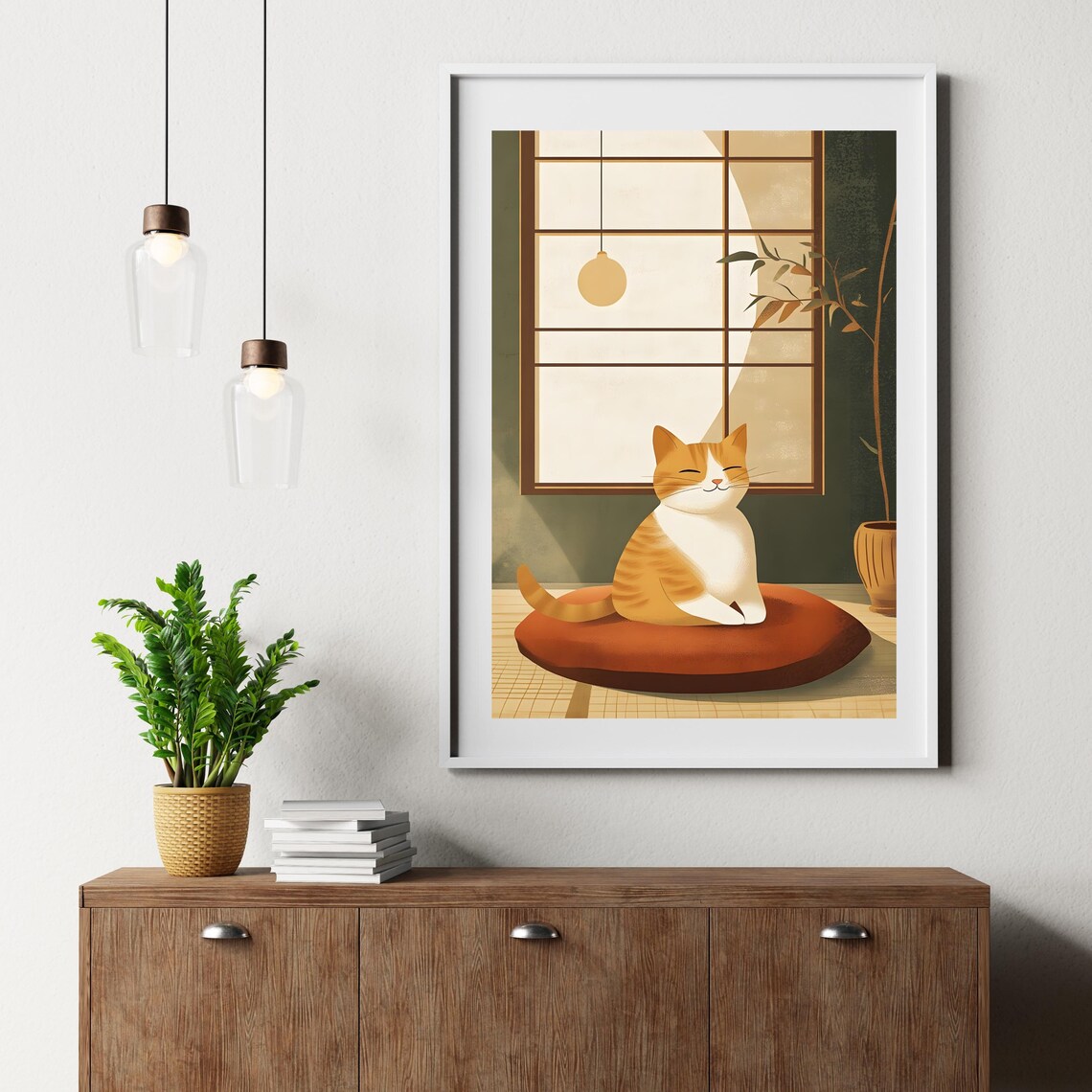 Peaceful Orange Cat Meditating on a Red Cushion Beneath the Moon Poster - Image 6
