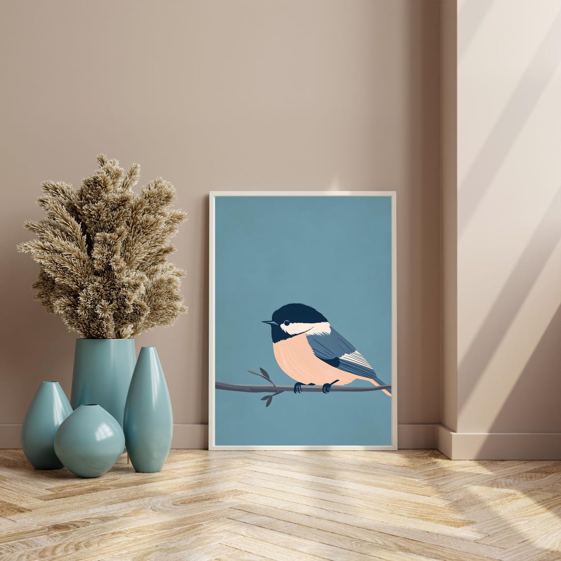 Minimalist Chickadee Perched on a Branch Dusty Blue Bird Poster - Image 4