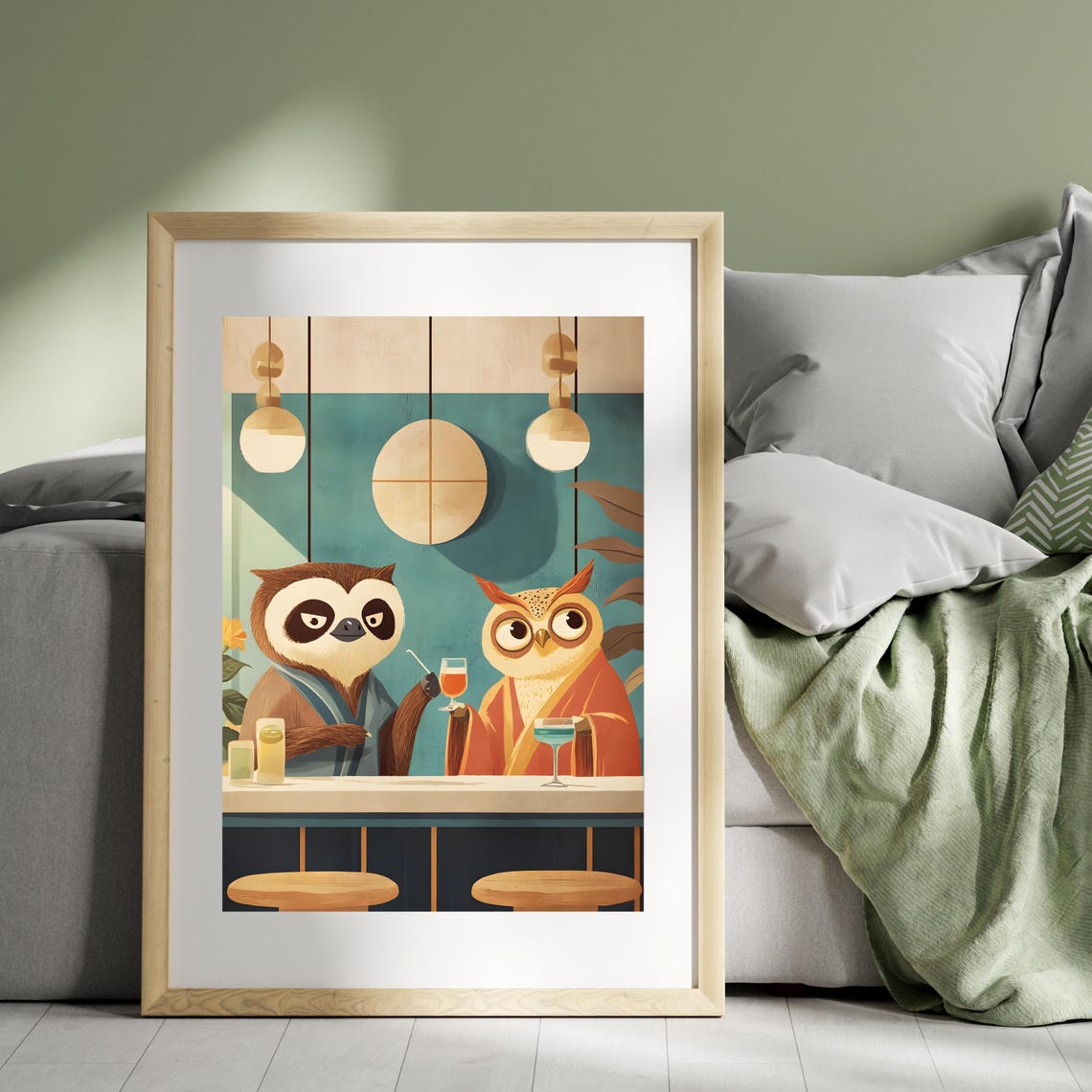 Owl and Sloth Drinking Cocktails at a Cozy Mid Century Bar Poster - Image 8