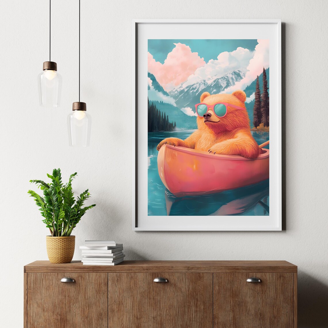 Relaxed Orange Bear in Pink Sunglasses Drifting in a Pink Canoe on a Lake Poster - Image 5