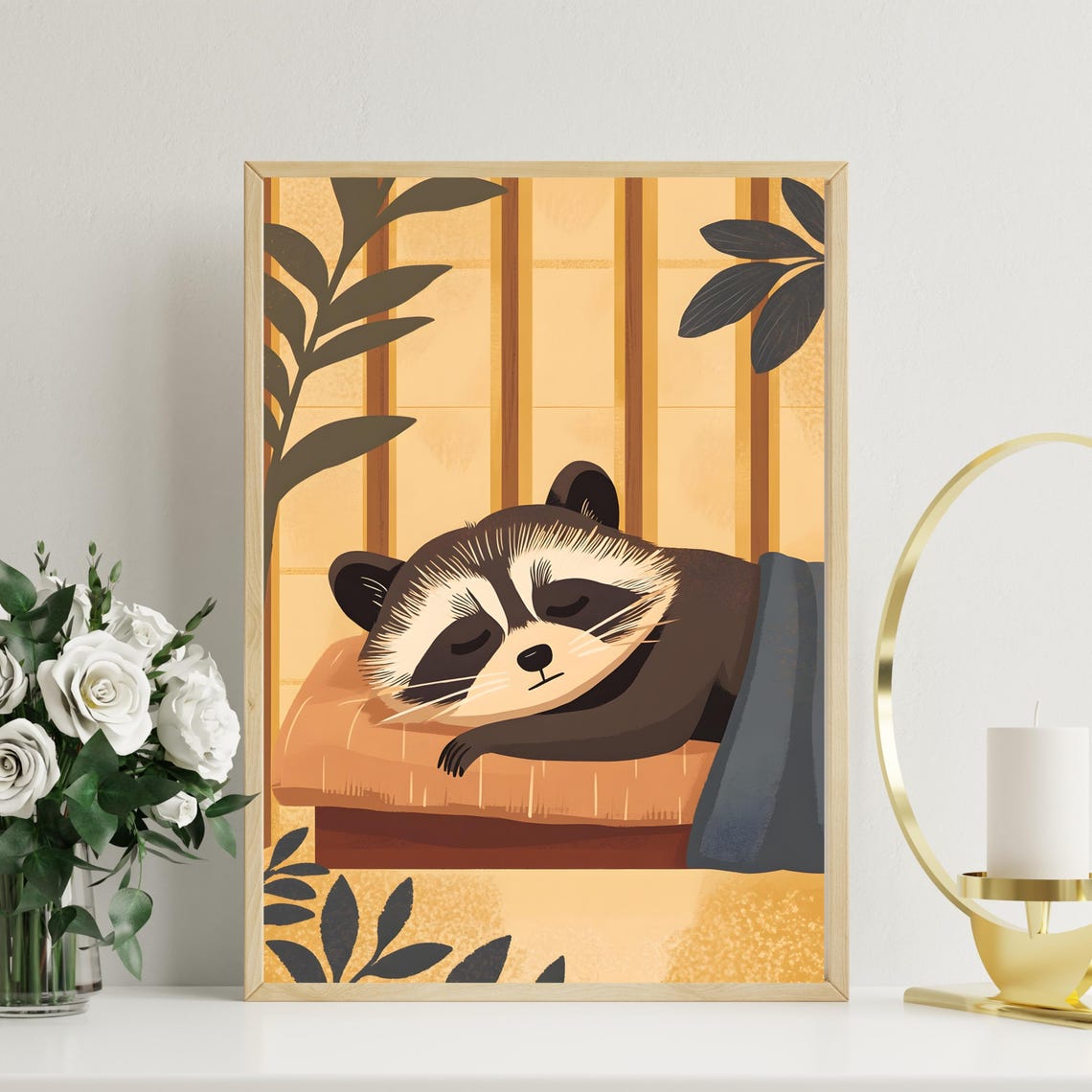 Sleeping Raccoon Napping On A Cushion In Warm Autumn Tones Poster - Image 2