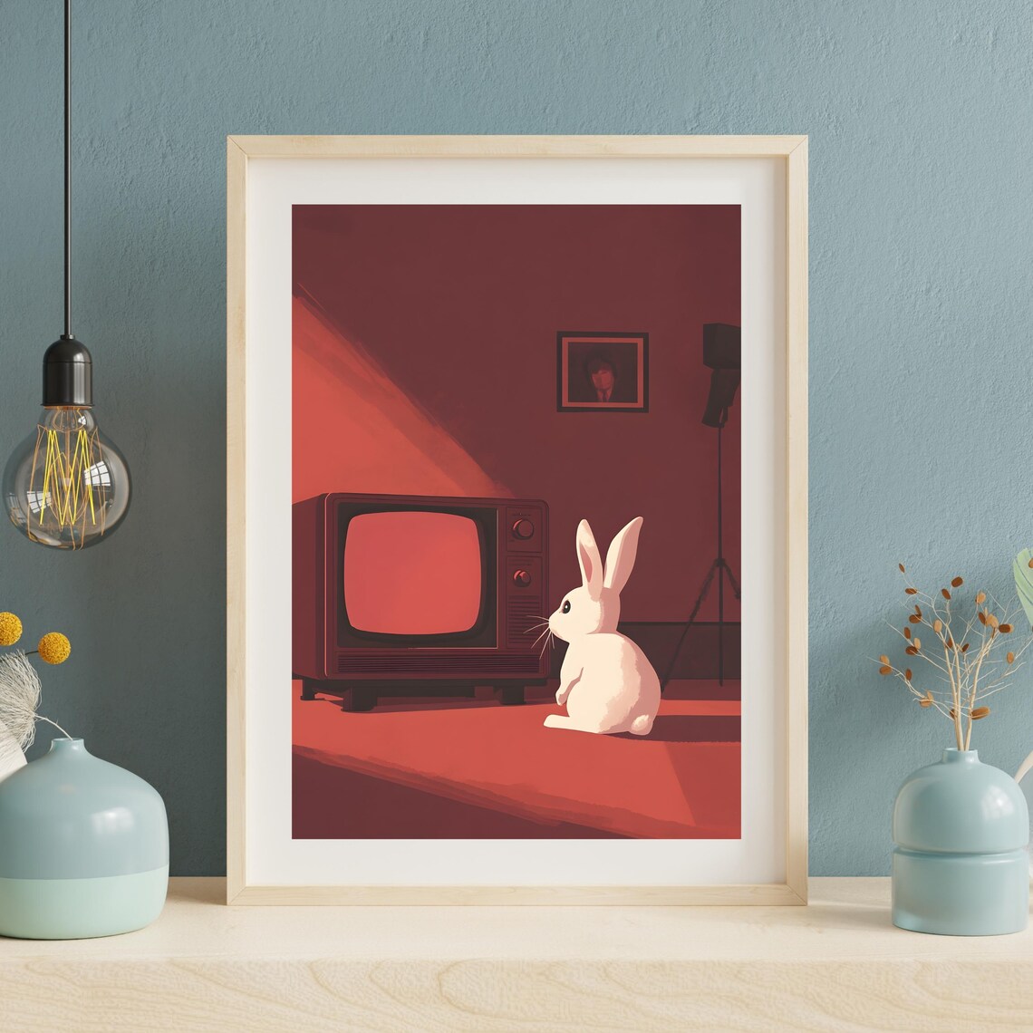 Retro Bunny Watching Vintage TV Red Room Minimalist Animal Art Poster - Image 3