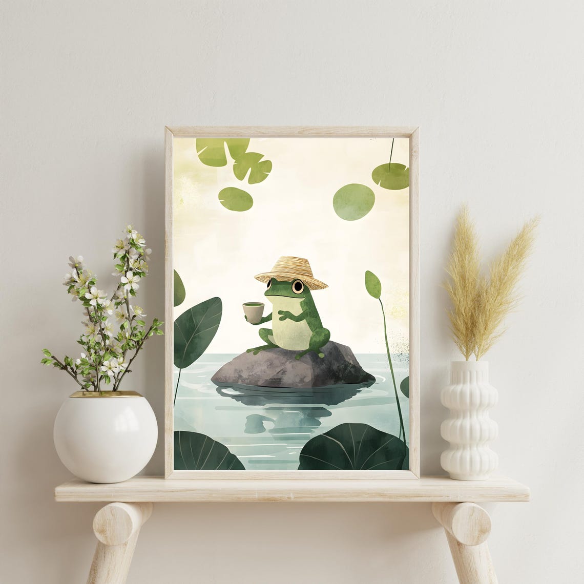 Sweet Cute Frog in Straw Hat Sipping Tea Atop a Pond Rock Poster - Image 5