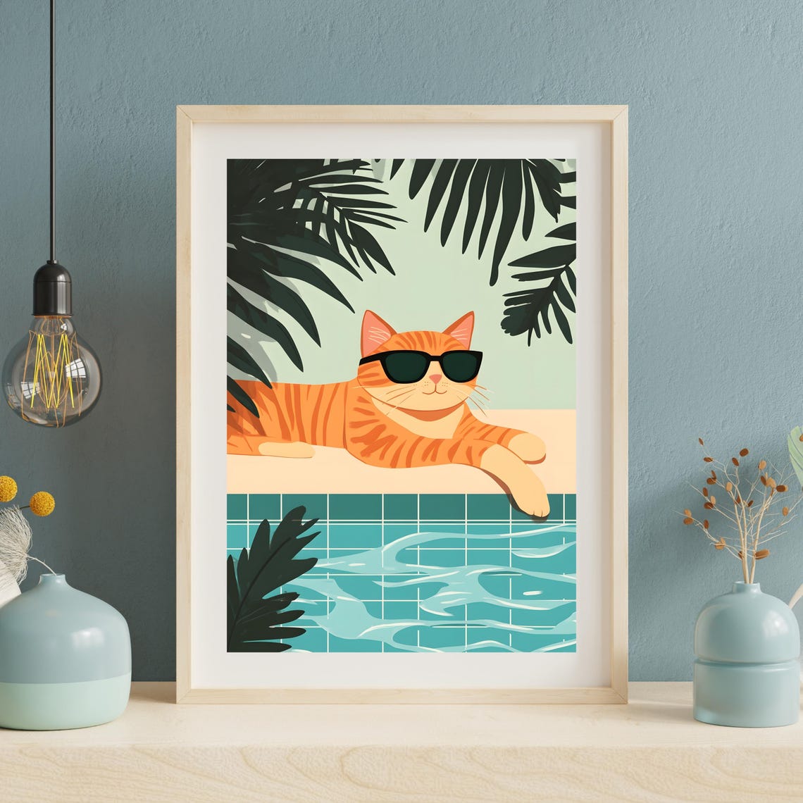 Orange Cat With Sunglasses Lounging by a Tropical Tiled Pool Poster - Image 3