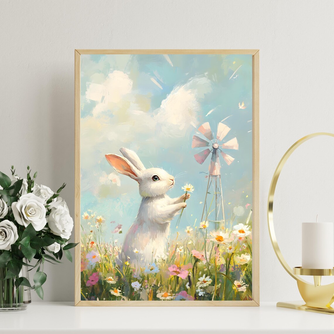 Playful White Bunny Holding a Daisy in a Blooming Spring Flower Meadow Poster