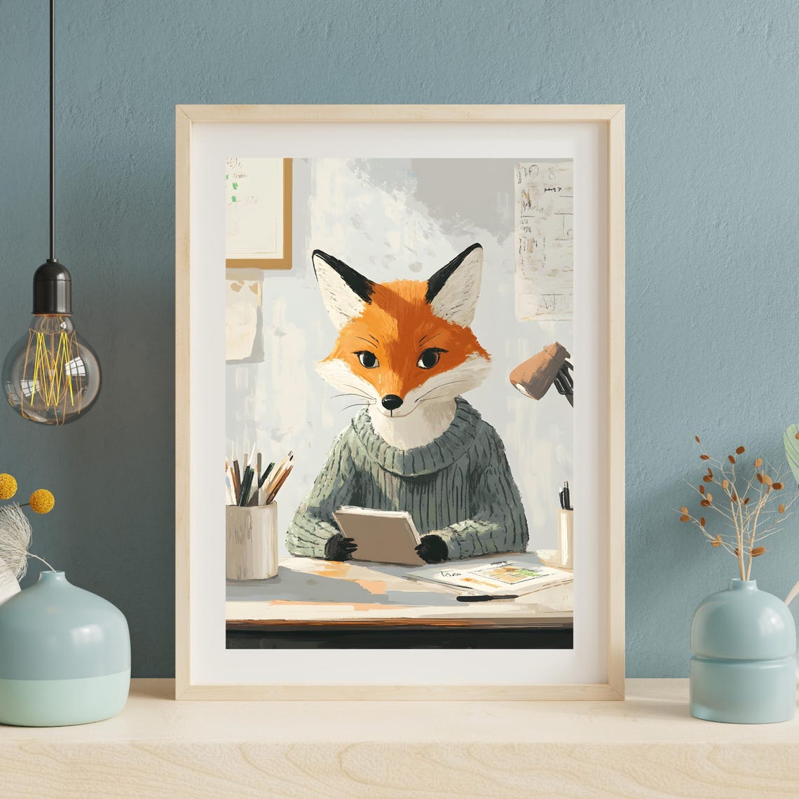 Cozy Fox in a Knit Sweater Reading a Book at a Wooden Desk Poster
