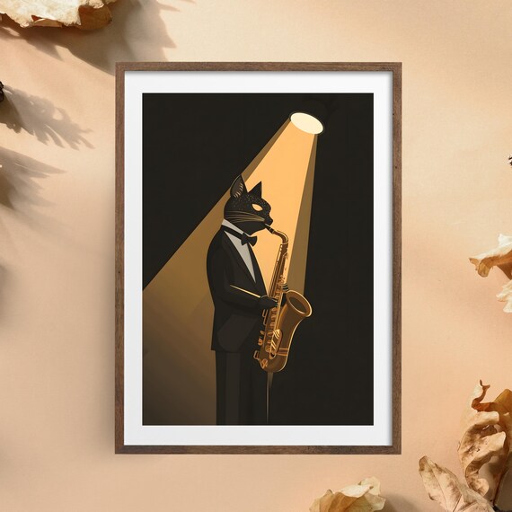 Black Cat in Tuxedo Playing Saxophone Under Spotlight Poster
