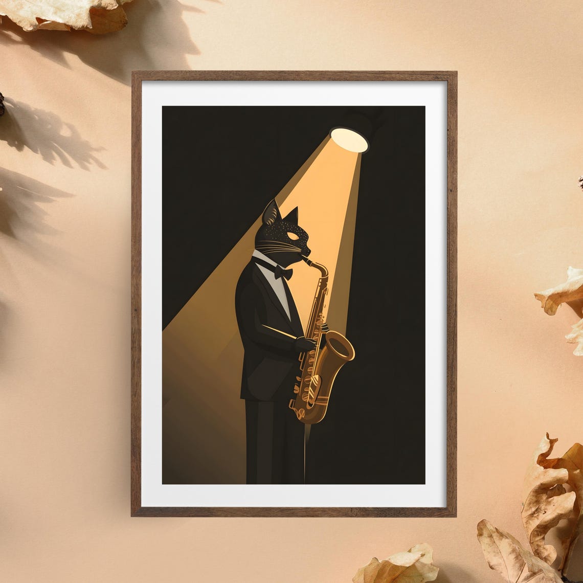 Black Cat in Tuxedo Playing Saxophone Under Spotlight Poster
