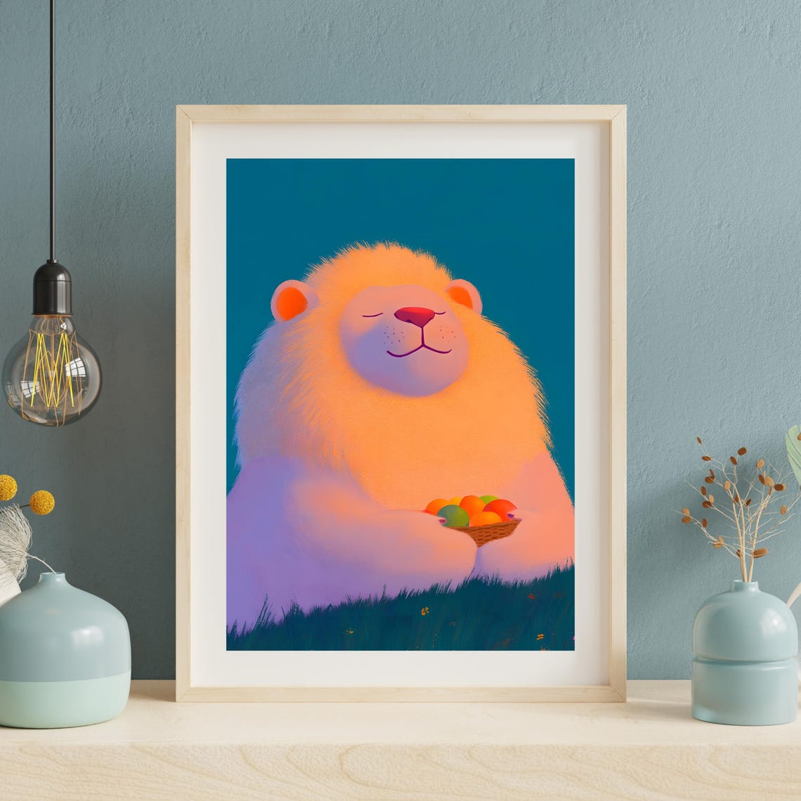 Content Sleepy Pink Lion Holding Fruit Basket on Deep Teal Poster - Image 4
