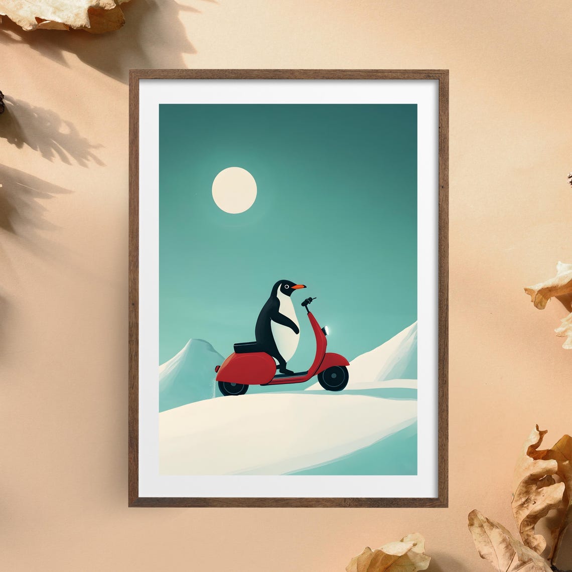 Penguin Riding A Red Scooter Through A Snowy Winter Landscape Poster