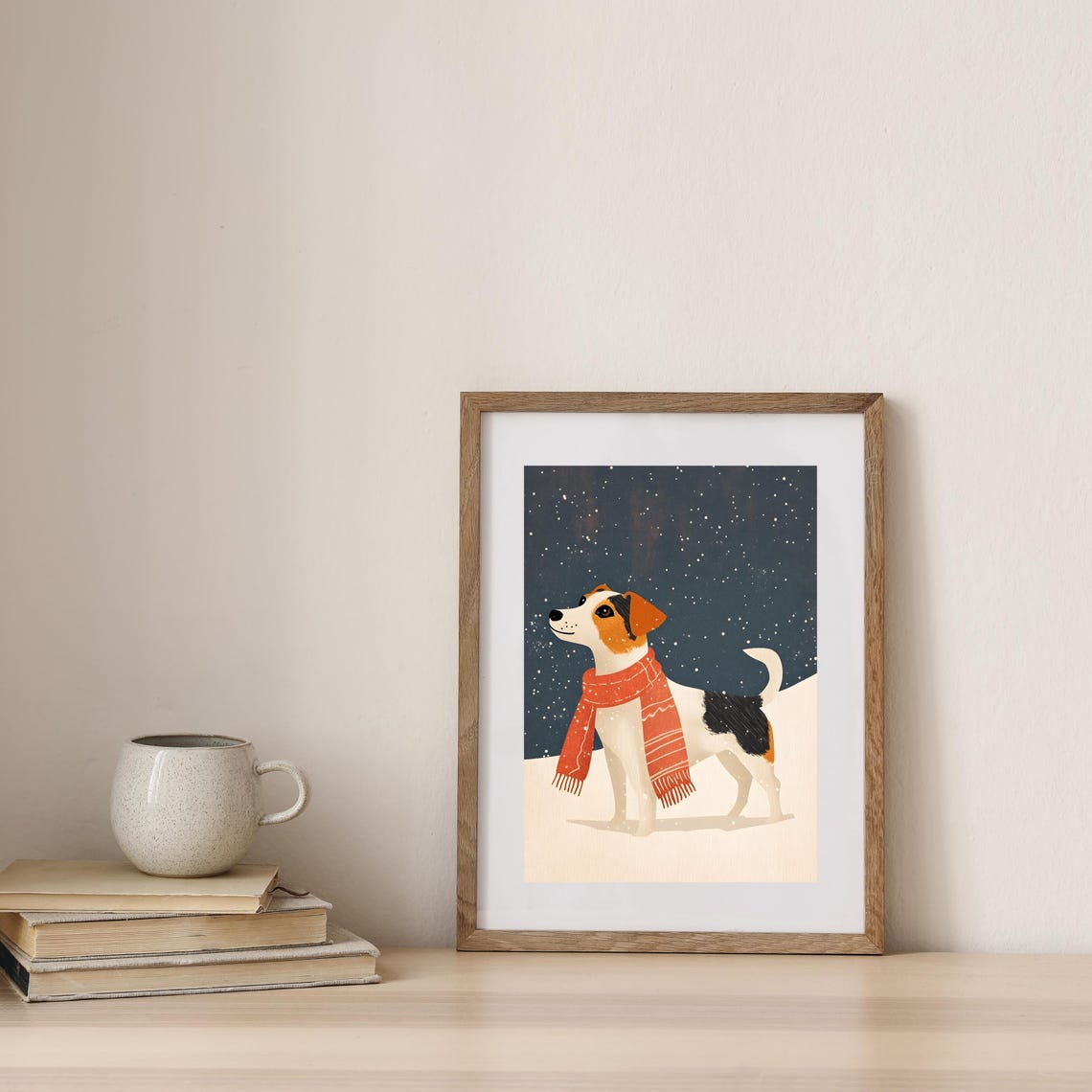 Dog Wearing A Red Scarf Standing In Falling Snow Winter Night Poster - Image 8