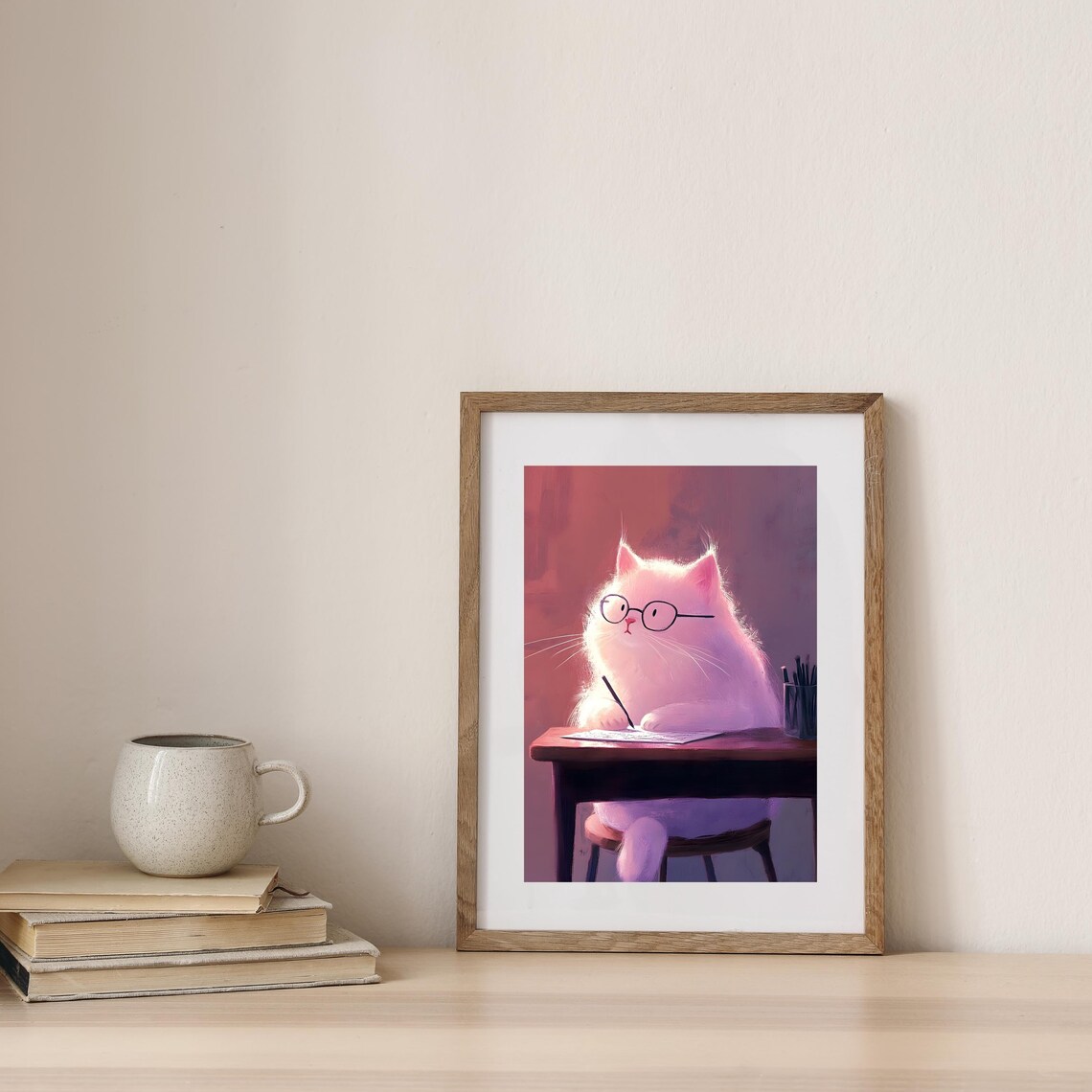 Fluffy White Cat in Glasses Writing at a Wooden Desk in Rose Light Poster - Image 4