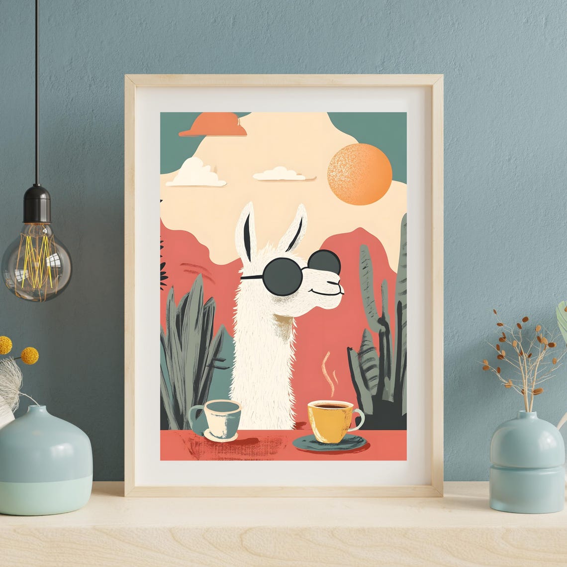 Cool Llama in Sunglasses with Two Coffee Cups on a Desert Poster - Image 3