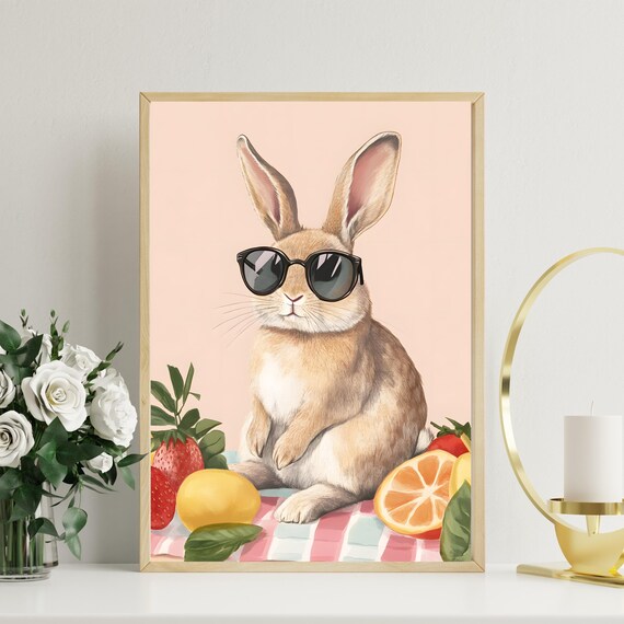 Cool Tan Rabbit in Sunglasses on Summer Fruit Picnic Blanket Poster