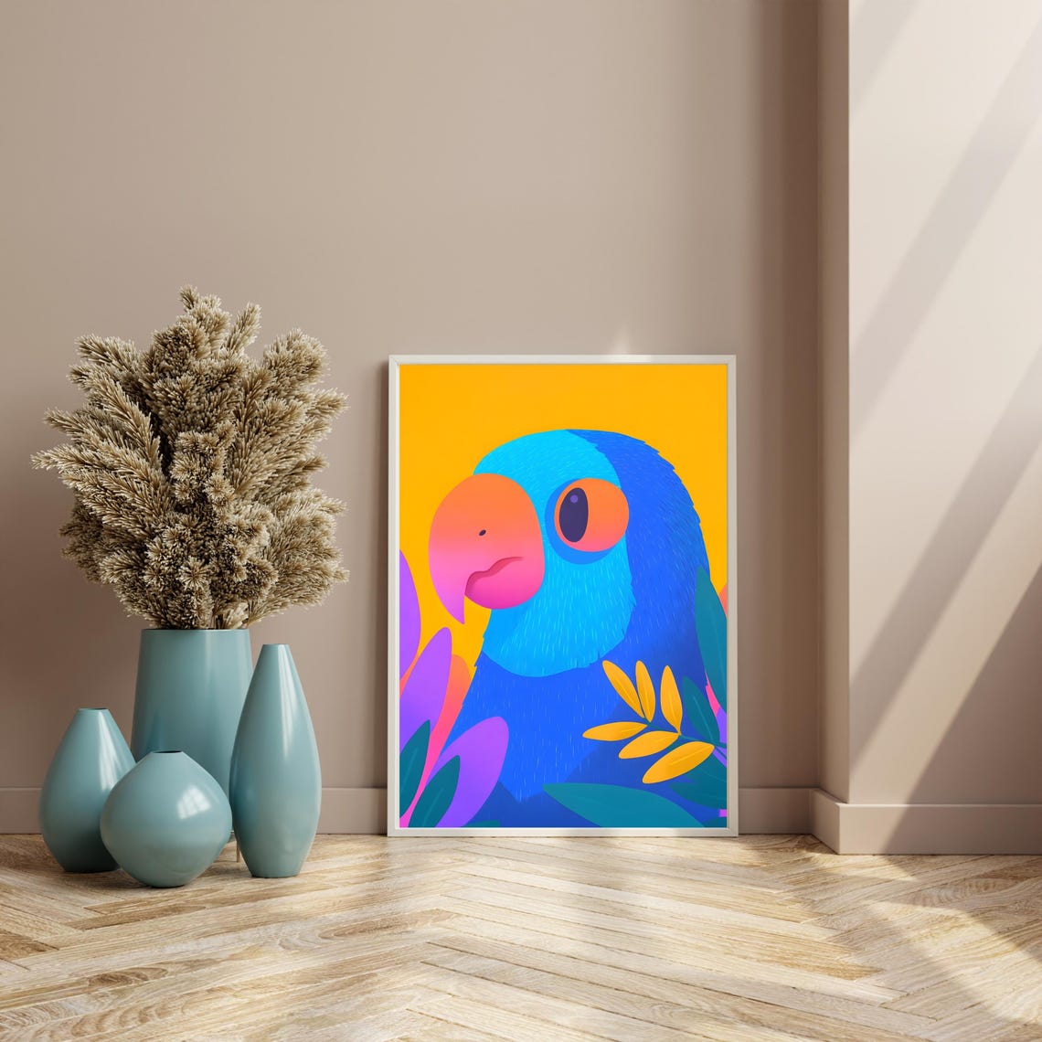 Vibrant Blue Parrot Portrait With Tropical Leaves On Yellow Poster - Image 4