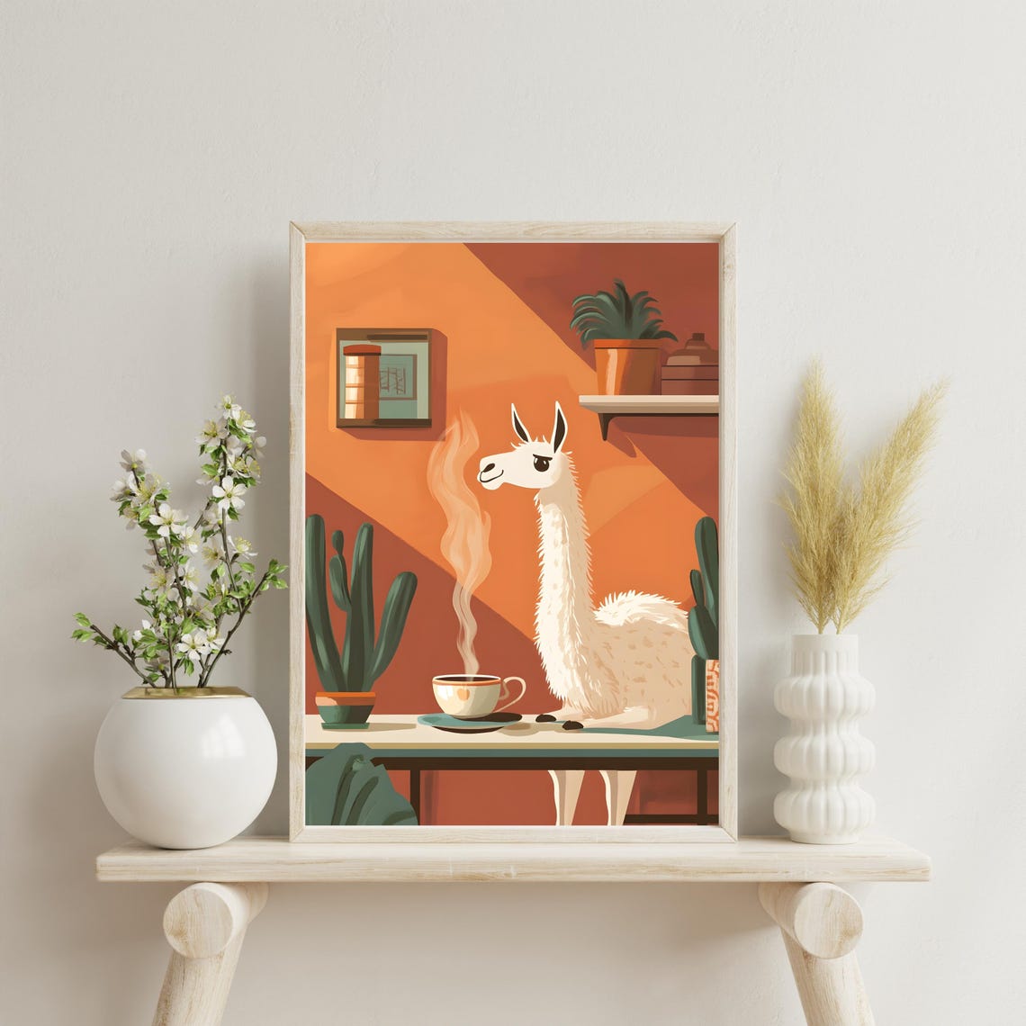 Llama Sipping Coffee Cozy Cafe Morning Whimsical Animal Art Poster - Image 3