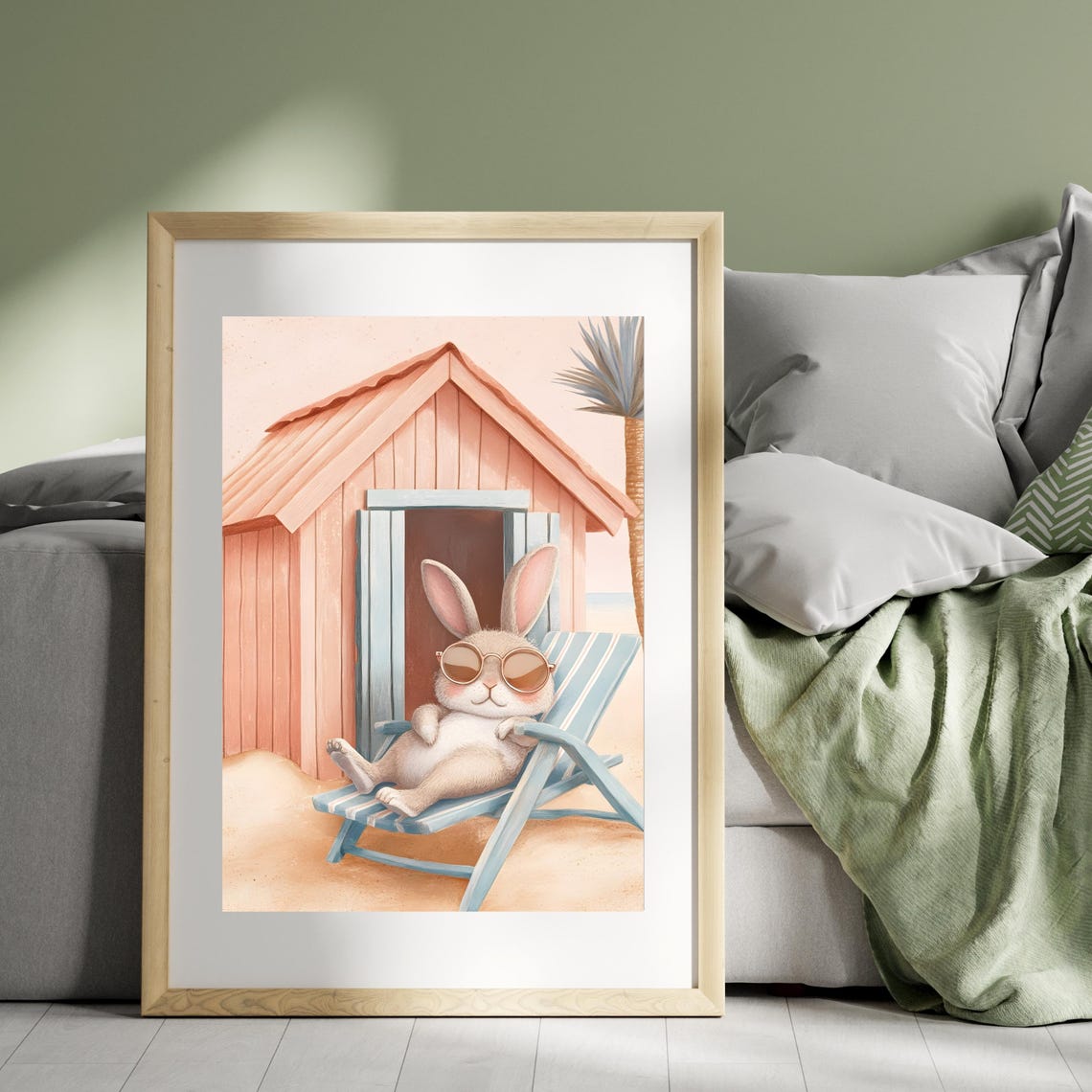Relaxing Bunny in Sunglasses on Beach Chair at Pink Beach Hut Poster - Image 2