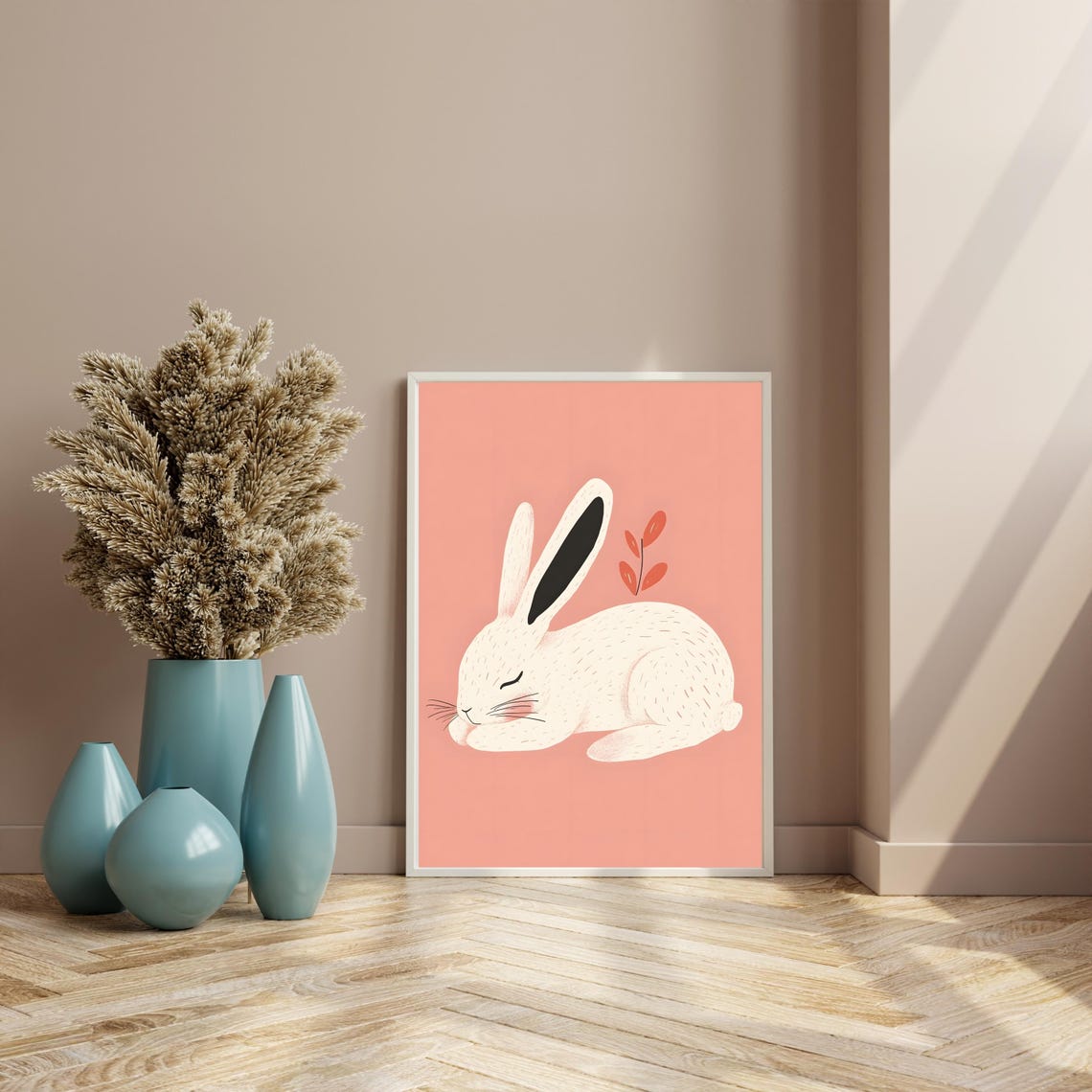 Cute Sleeping White Bunny on a Pink Background Nursery Poster - Image 8