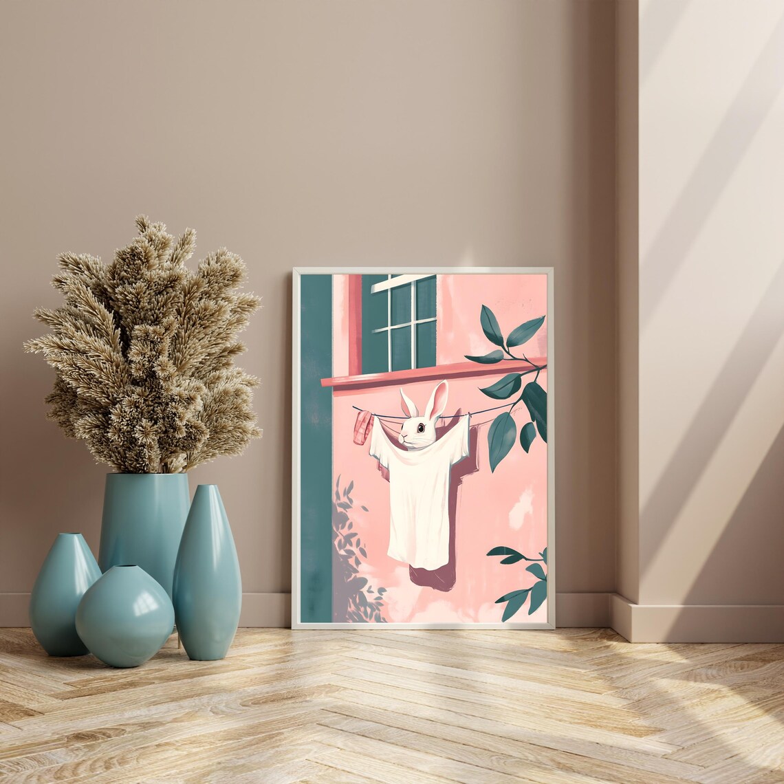 Curious White Rabbit Peeking Through Laundry Drying on a Clothesline Poster - Image 7