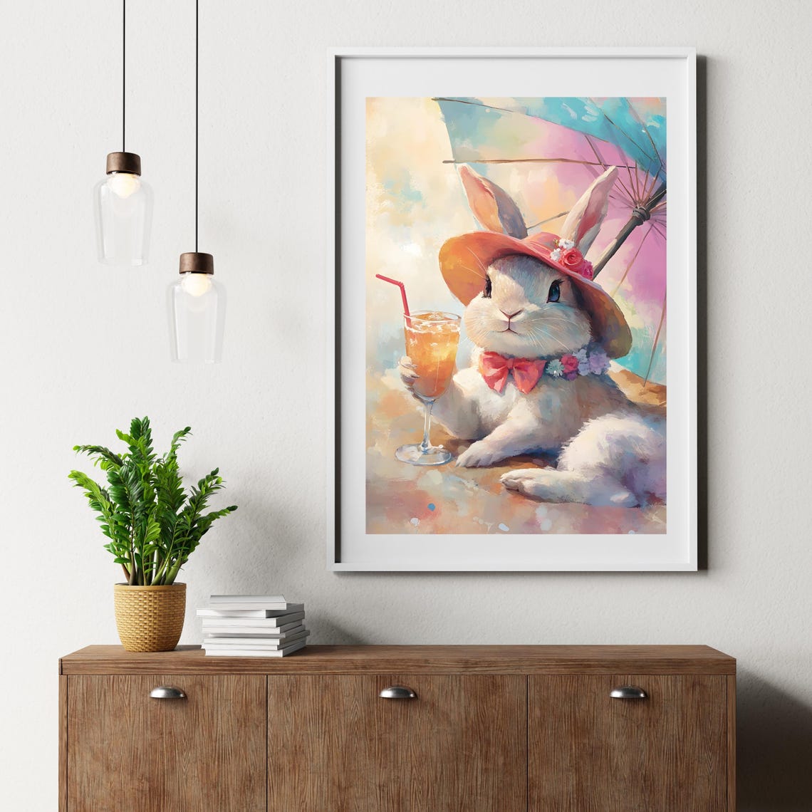 White Bunny In A Sun Hat Sipping An Iced Drink Summer Art Poster - Image 2
