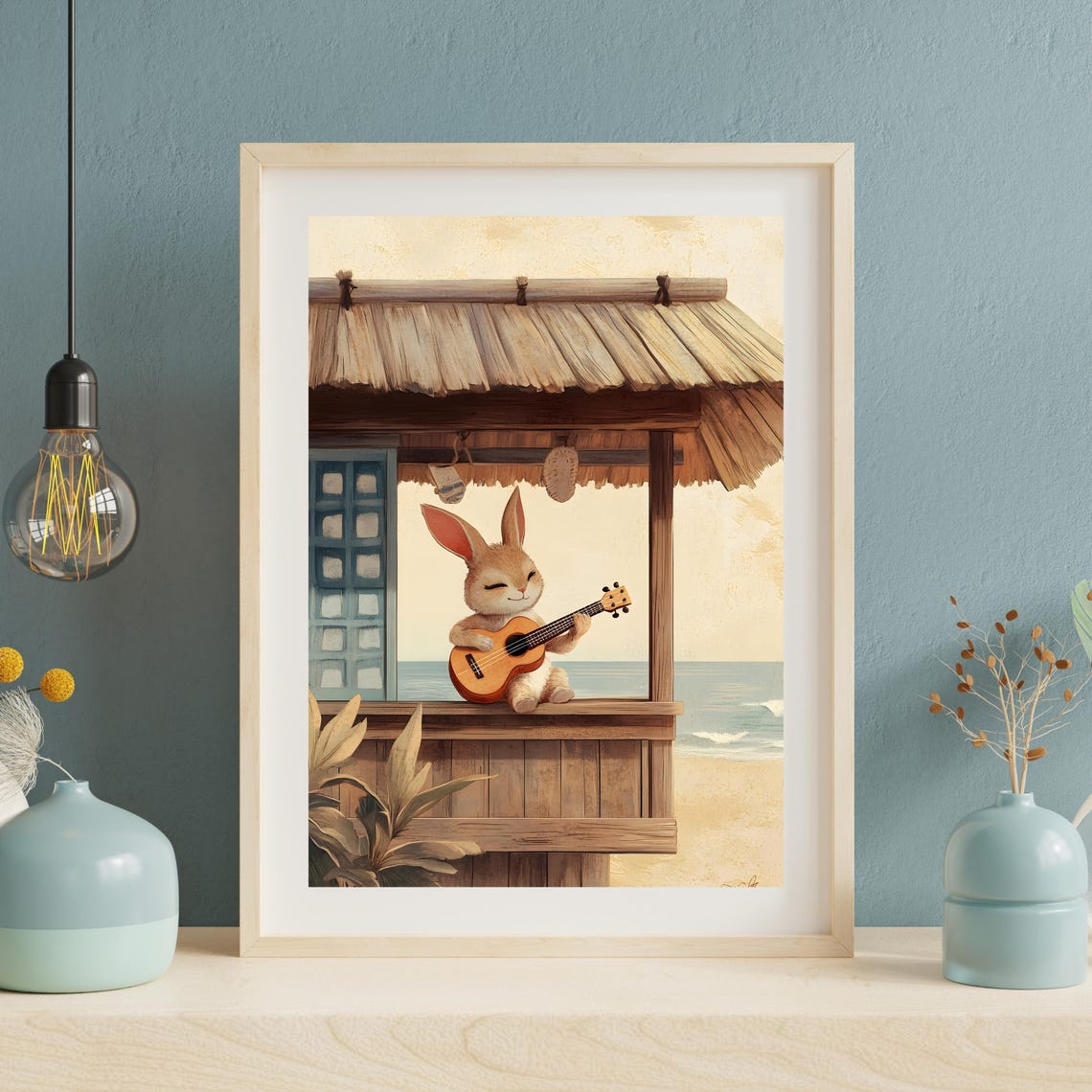 Bunny Playing Ukulele In A Beach Hut Tropical Seaside Music Poster