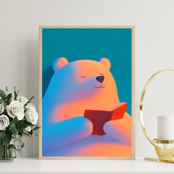 Gentle Glowing Polar Bear Reading a Little Red Book at Night Poster