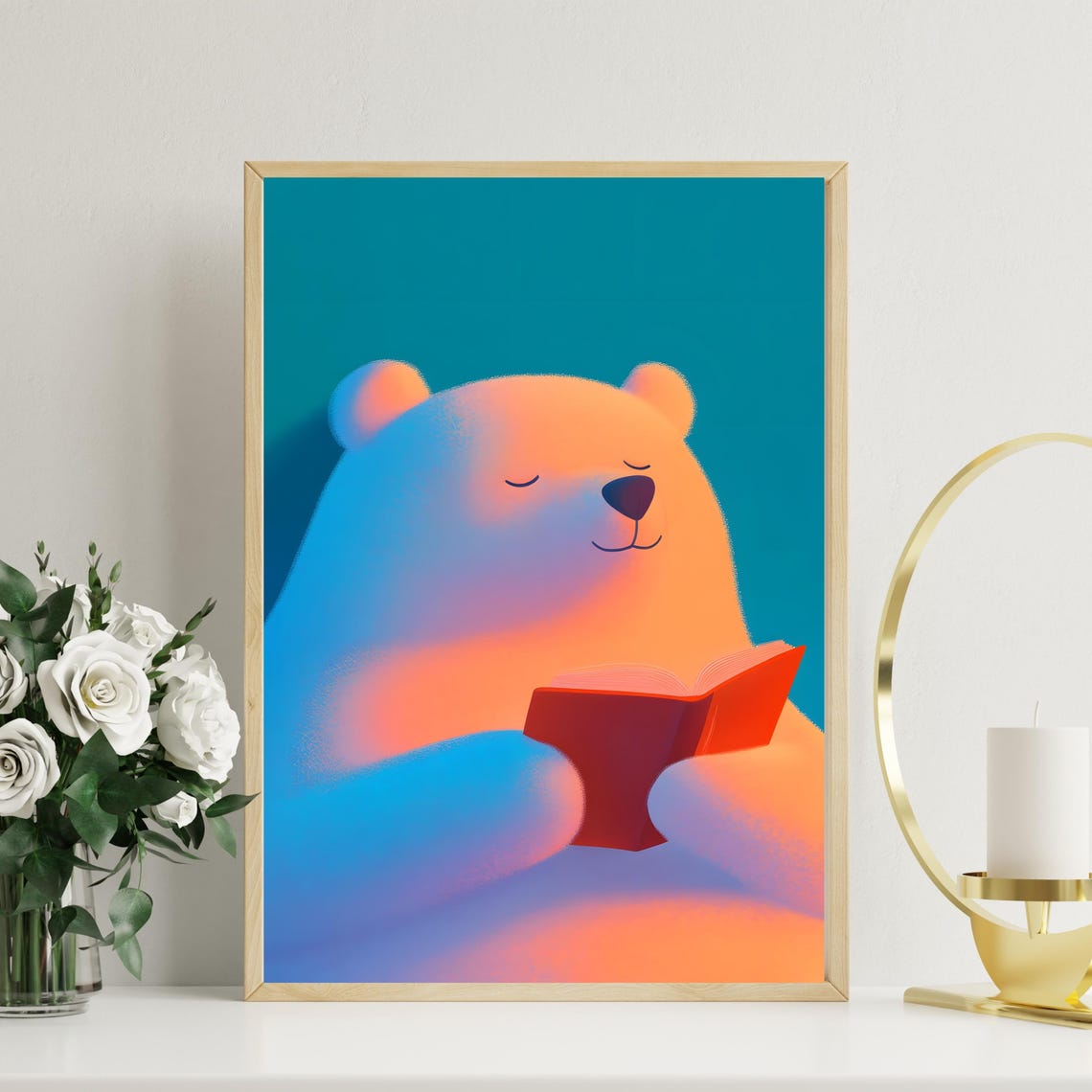Gentle Glowing Polar Bear Reading a Little Red Book at Night Poster