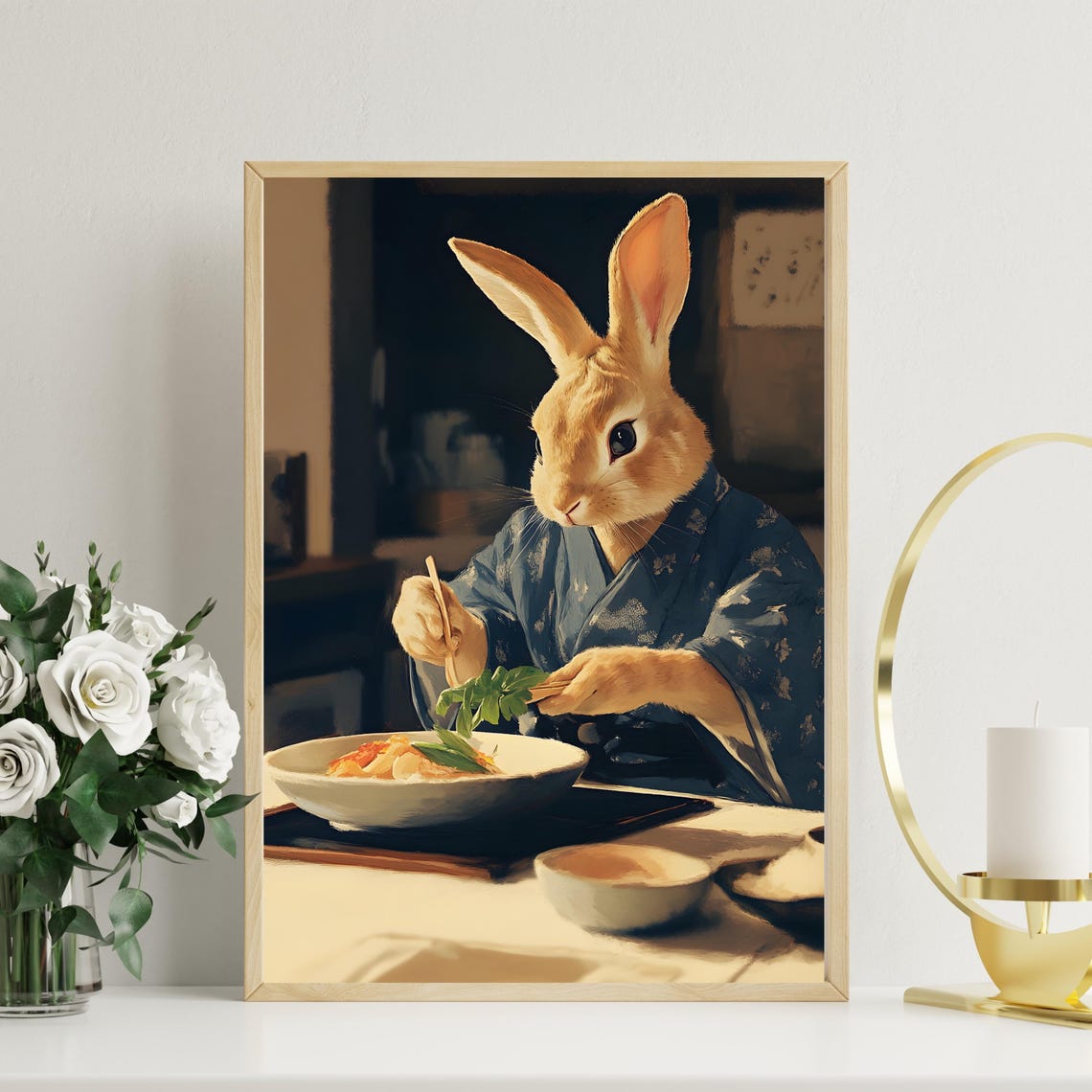Gentle Tan Rabbit in Blue Kimono Eating with Chopsticks Poster