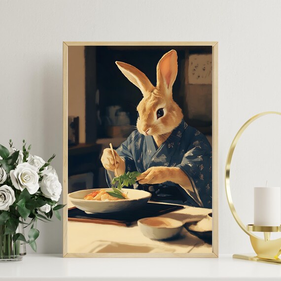 Gentle Tan Rabbit in Blue Kimono Eating with Chopsticks Poster