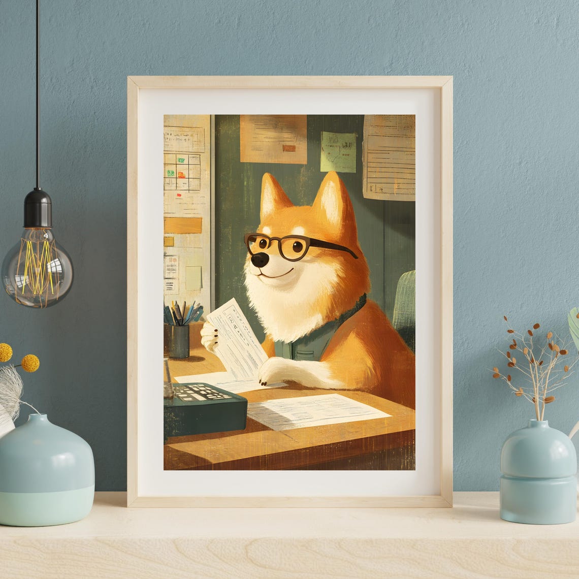 Corgi Dog Wearing Glasses Reviewing Paperwork At The Office Poster