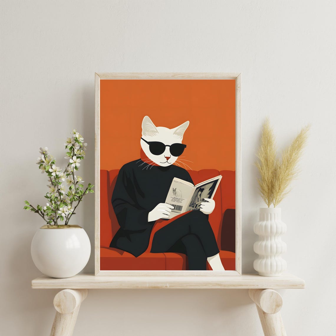 White Cat in Sunglasses Reading Newspaper on Red Sofa Poster - Image 4