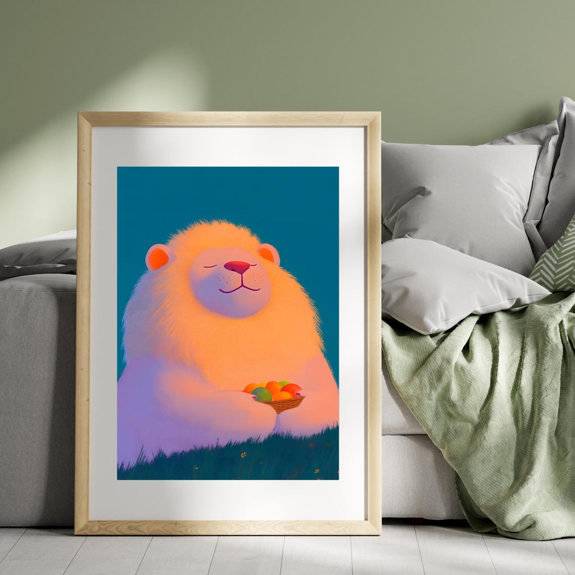 Content Sleepy Pink Lion Holding Fruit Basket on Deep Teal Poster - Image 2
