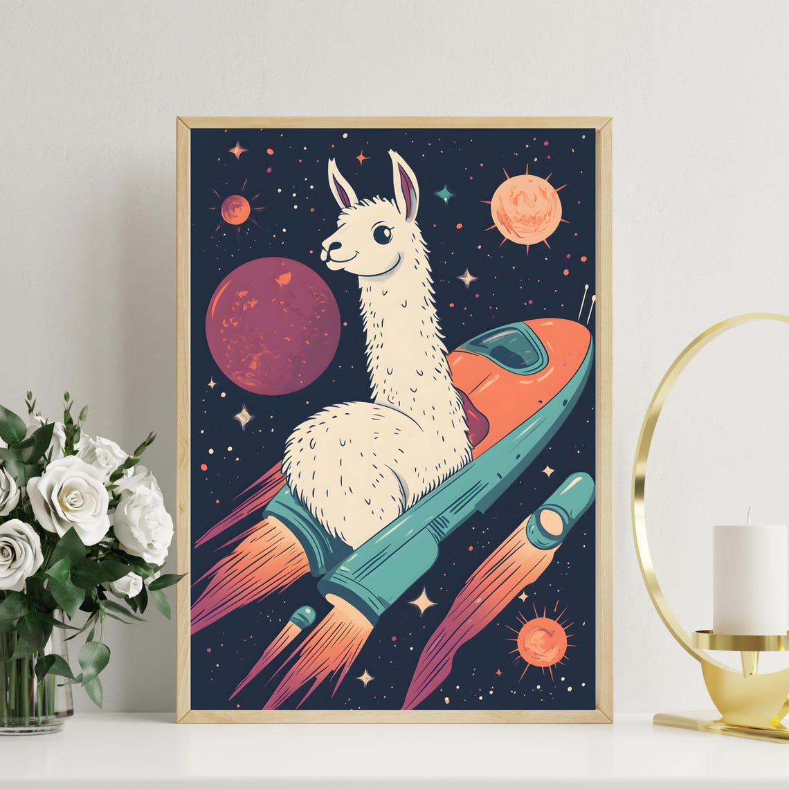Cute Llama Riding a Retro Rocket Ship Through Starry Space Poster - Image 3