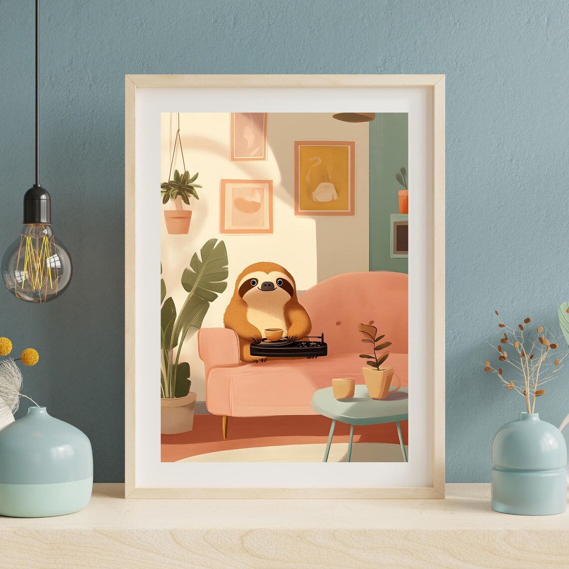 Content Sloth Relaxing on a Pink Sofa With a Cup of Tea and a Laptop Poster